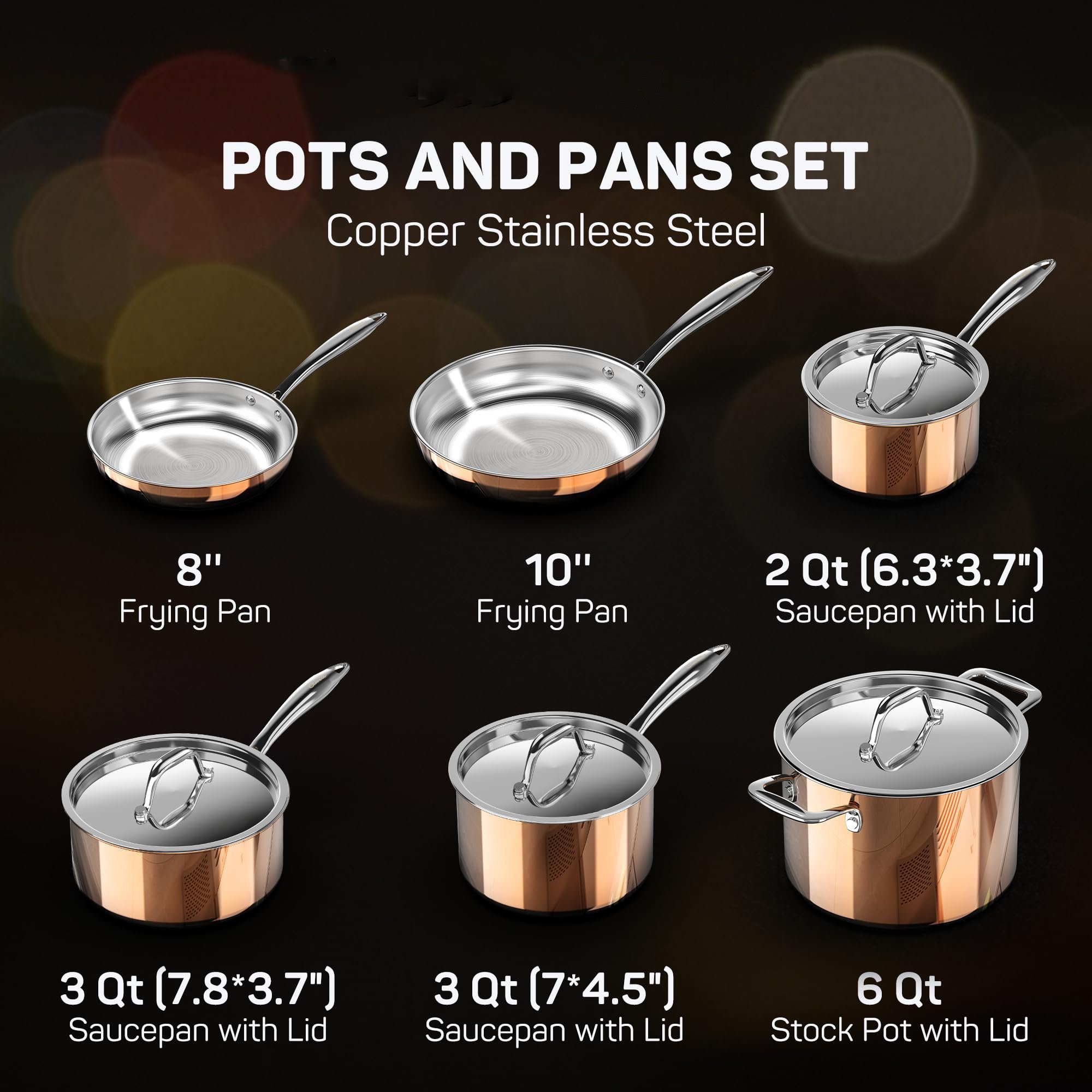Tri-ply Stainless Steel Pot and Pan Set 10 Piece Copper Pots and Pans Set with Stainless Steel Lid Induction Cookware Set