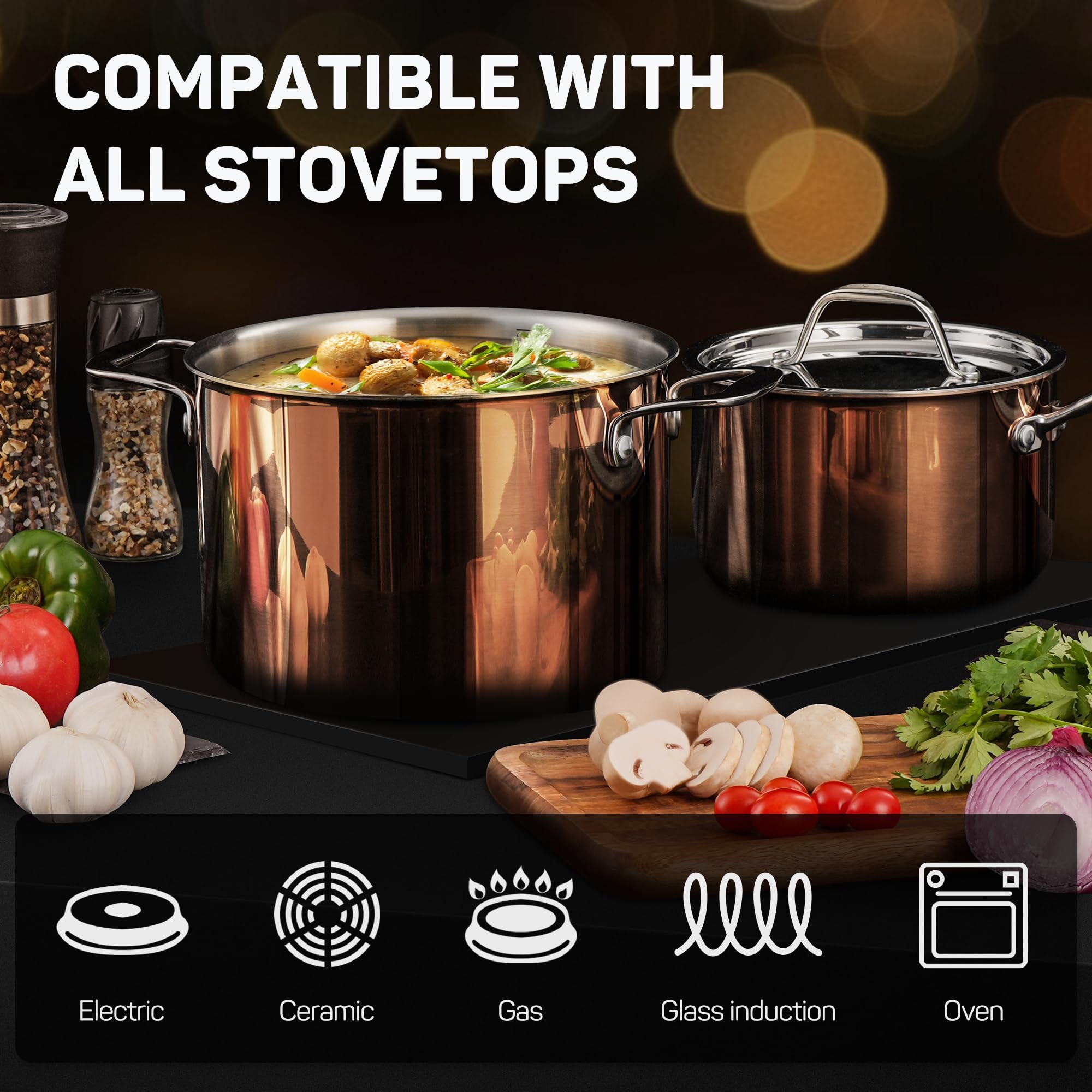 Tri-ply Stainless Steel Pot and Pan Set 10 Piece Copper Pots and Pans Set with Stainless Steel Lid Induction Cookware Set