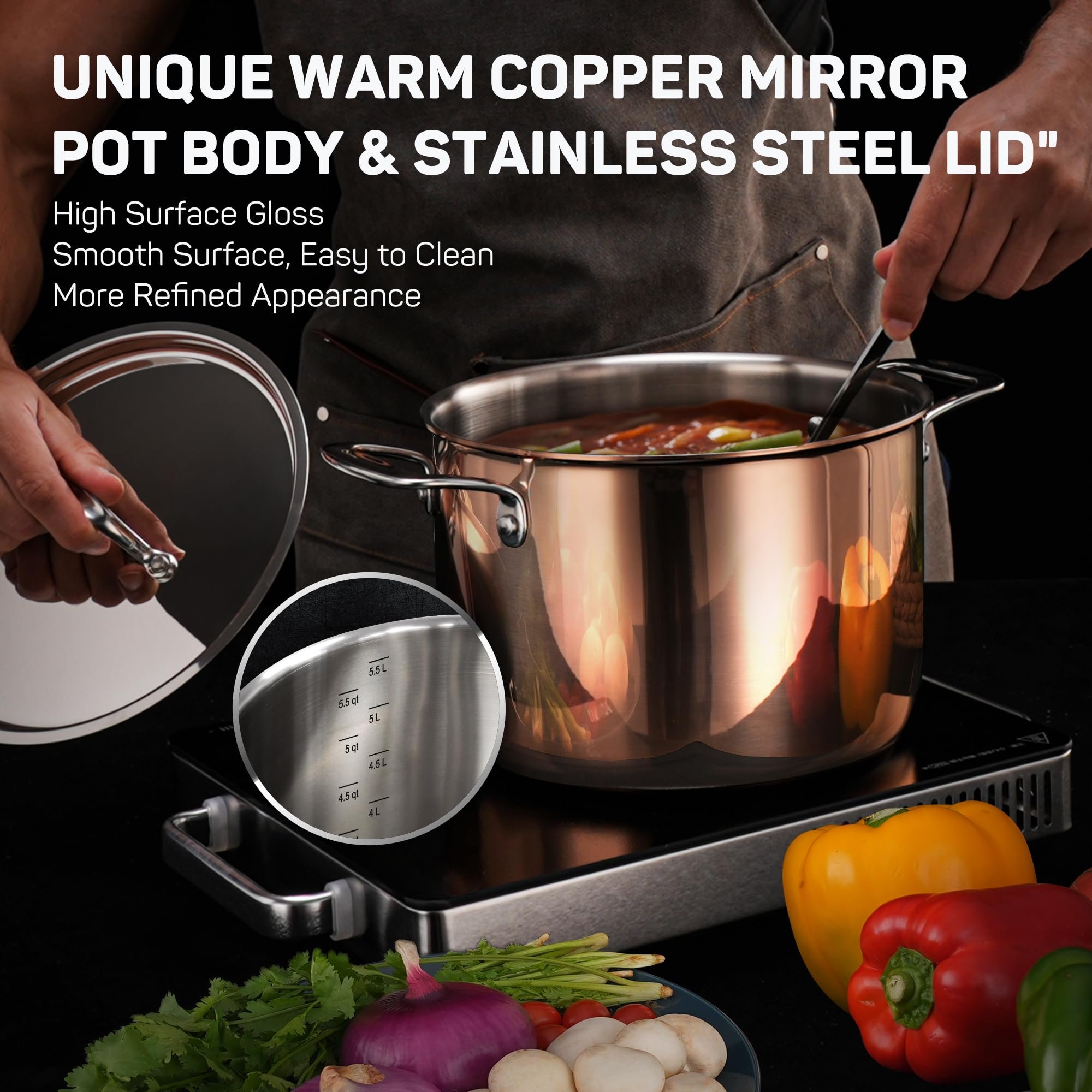 Tri-ply Stainless Steel Pot and Pan Set 10 Piece Copper Pots and Pans Set with Stainless Steel Lid Induction Cookware Set