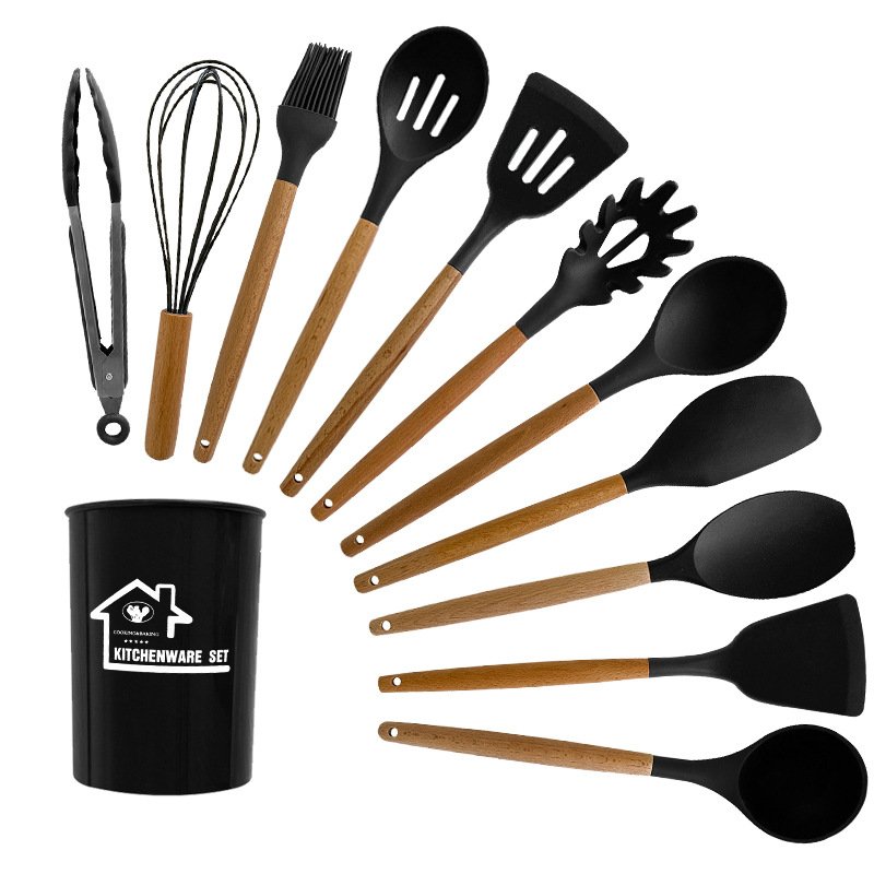 Wholesale Factory Price Nonstick Cookware Sets Wooden Handle Spatula Soup Spoon Silicone Cookware Sets 12 Pieces