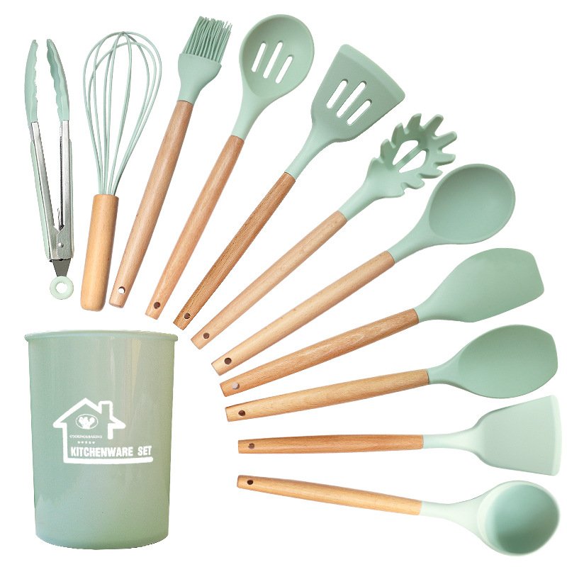 Wholesale Factory Price Nonstick Cookware Sets Wooden Handle Spatula Soup Spoon Silicone Cookware Sets 12 Pieces