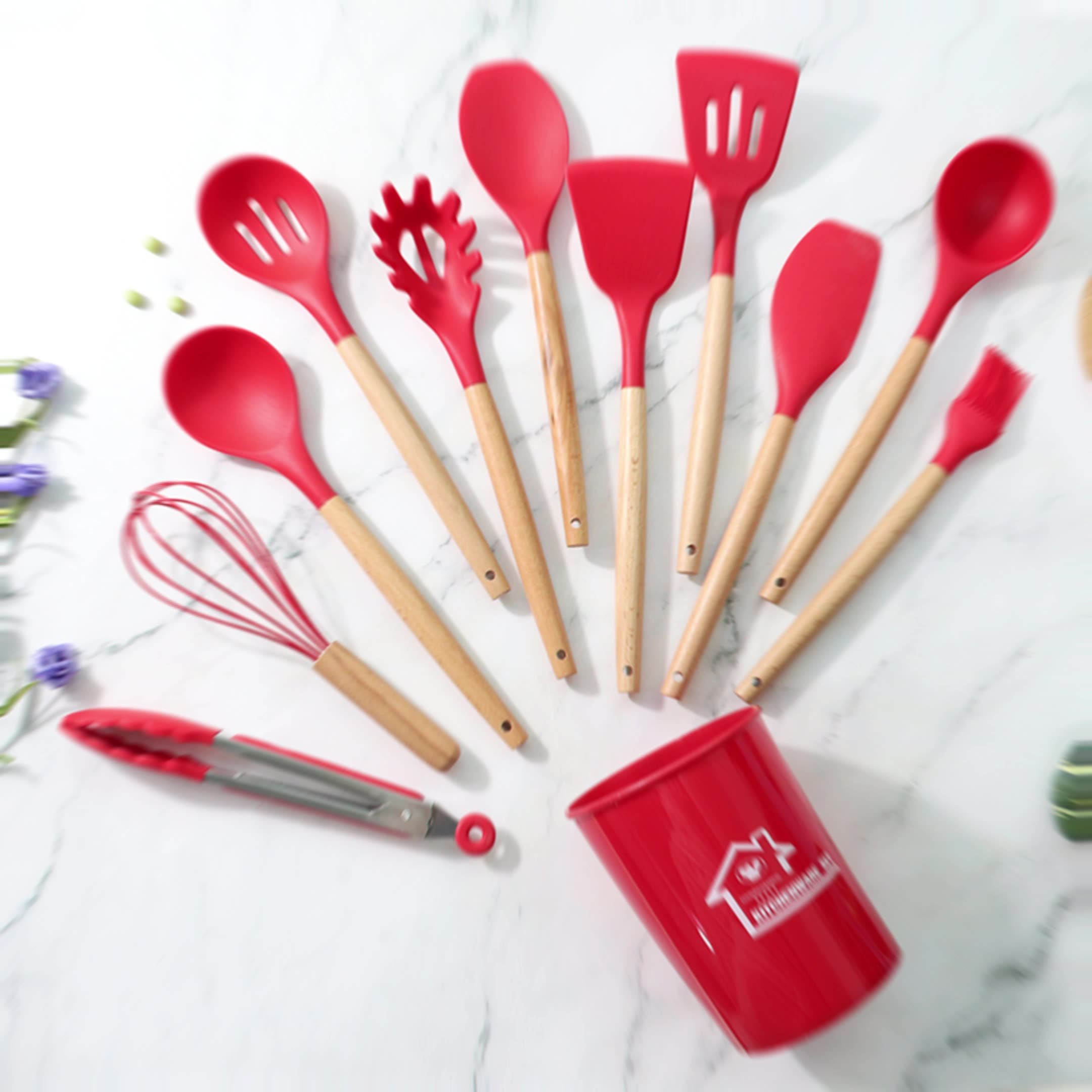 Wholesale Factory Price Nonstick Cookware Sets Wooden Handle Spatula Soup Spoon Silicone Cookware Sets 12 Pieces