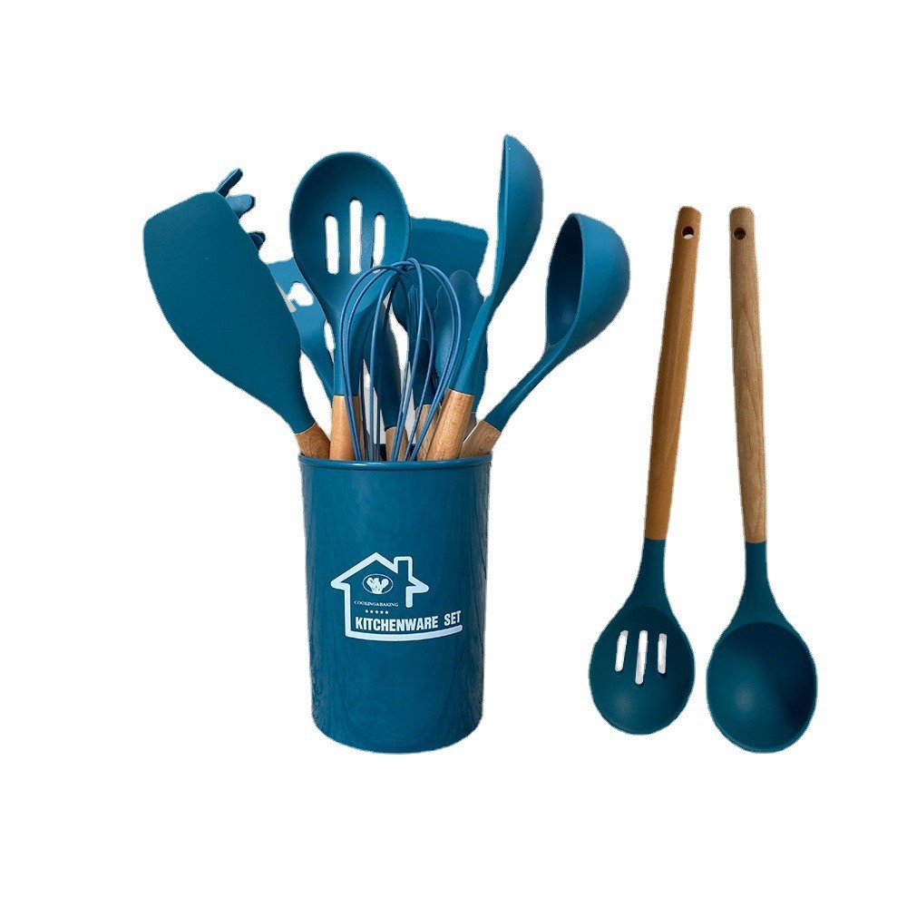 Wholesale Factory Price Nonstick Cookware Sets Wooden Handle Spatula Soup Spoon Silicone Cookware Sets 12 Pieces
