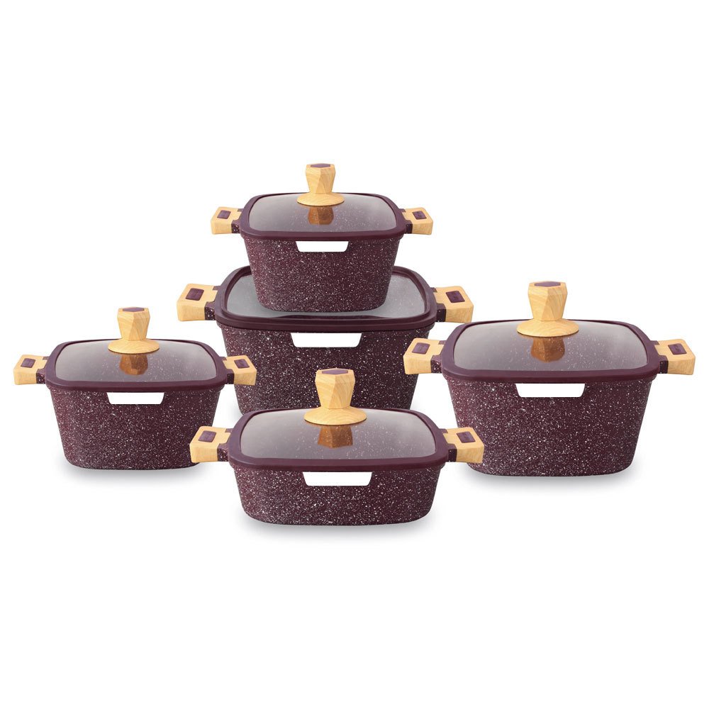 New Style 10 pcs Square Stock Pot Nonstick Die-Cast Aluminum Cookware Set Granite Gumwood Silicone Lid Heat Resistant Handle