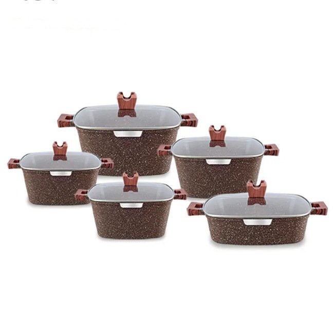 New Style 10 pcs Square Stock Pot Nonstick Die-Cast Aluminum Cookware Set Granite Gumwood Silicone Lid Heat Resistant Handle