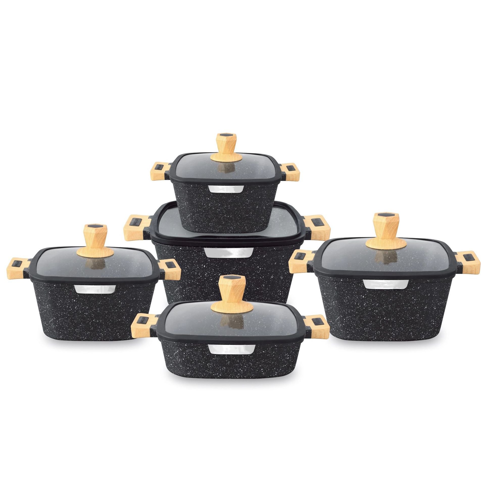 New Style 10 pcs Square Stock Pot Nonstick Die-Cast Aluminum Cookware Set Granite Gumwood Silicone Lid Heat Resistant Handle