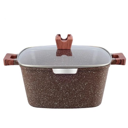 New Style 10 pcs Square Stock Pot Nonstick Die-Cast Aluminum Cookware Set Granite Gumwood Silicone Lid Heat Resistant Handle