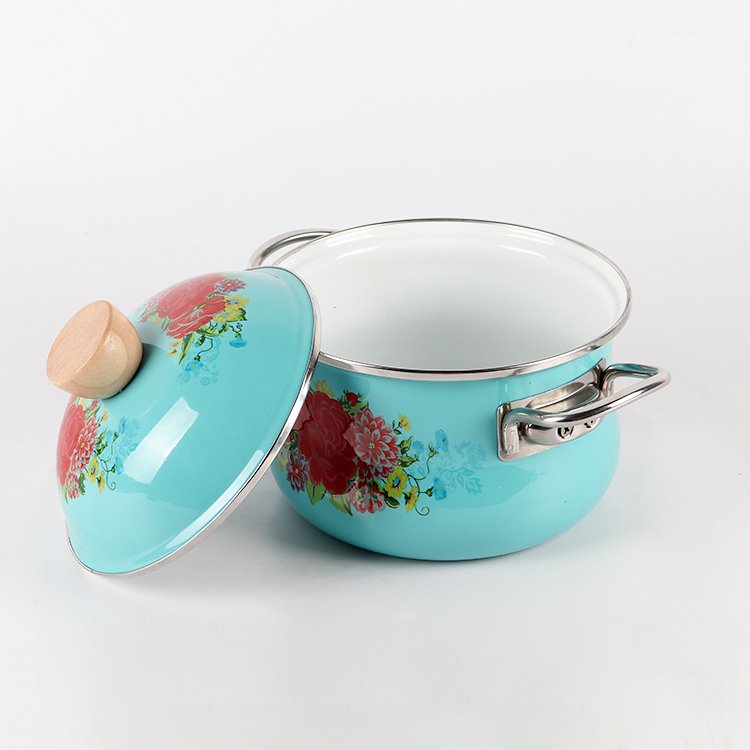 High quality 4-piece flower cookware set Enamel casserole soup pot with stainless steel lid