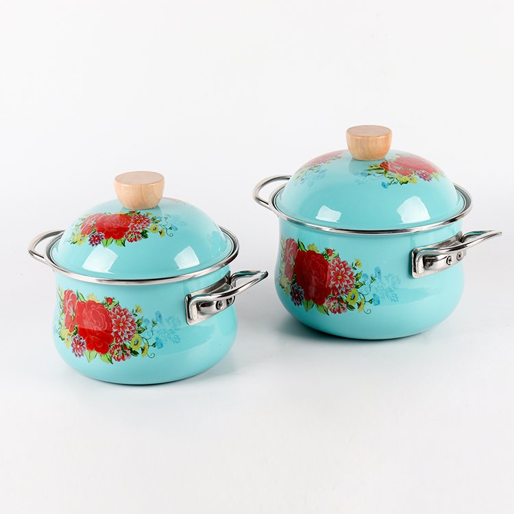 High quality 4-piece flower cookware set Enamel casserole soup pot with stainless steel lid