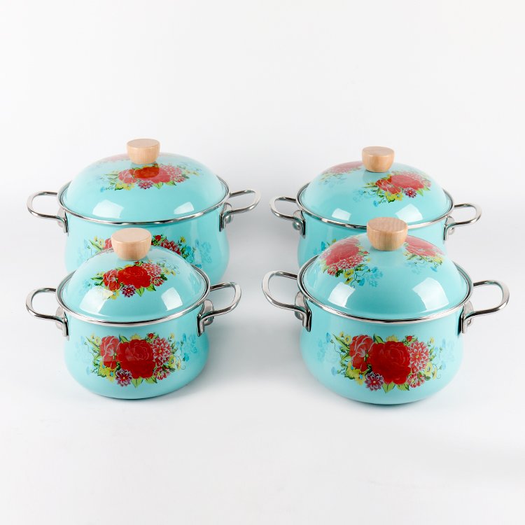 High quality 4-piece flower cookware set Enamel casserole soup pot with stainless steel lid