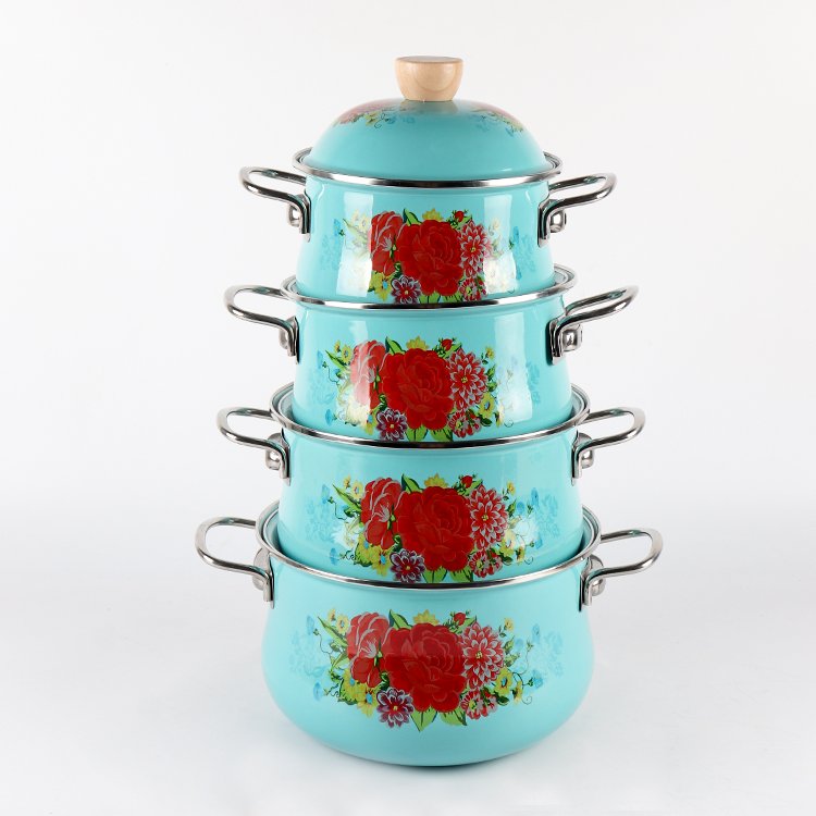 High quality 4-piece flower cookware set Enamel casserole soup pot with stainless steel lid