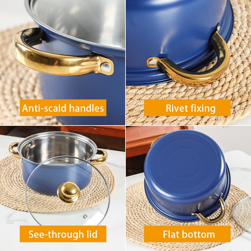 Wholesale Kitchen Pots And Pan Stainless Steel Cookware Set Blue Casserole Set Induction Pot Non Stick Cooking Pot Set