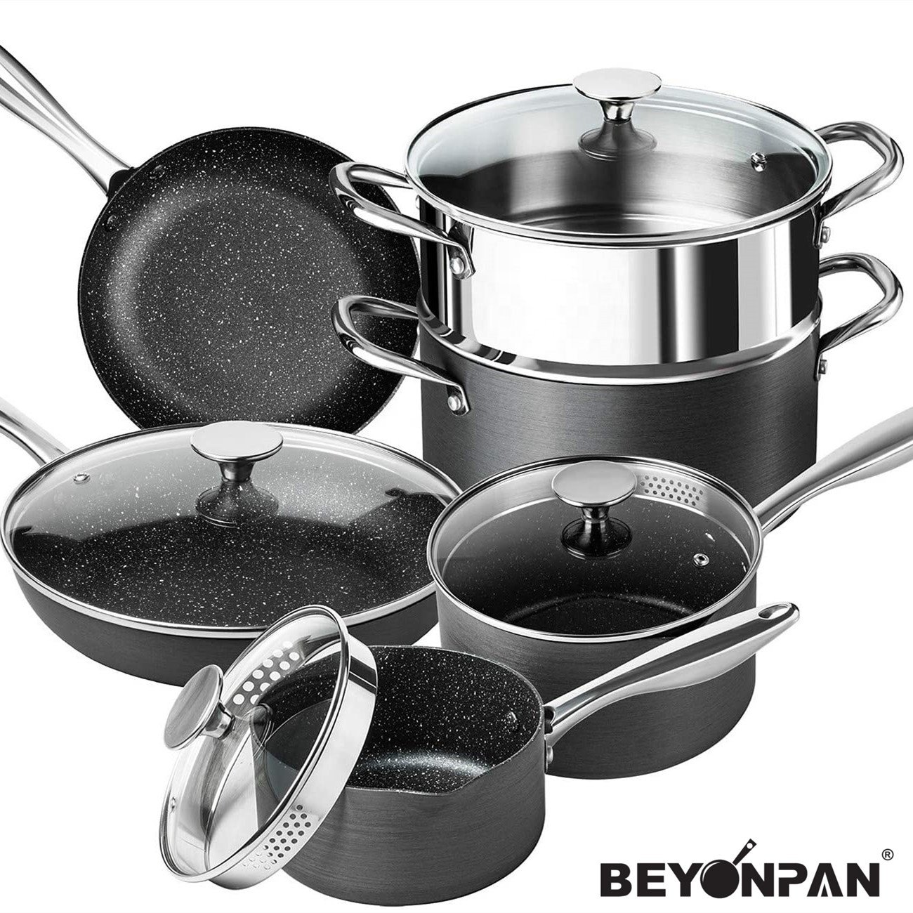 Pots and Pans Set 10 Piece, Nonstick Hard Anodized Cookware Sets with Stone Interior, Stone Cookware Set with Straining Lid