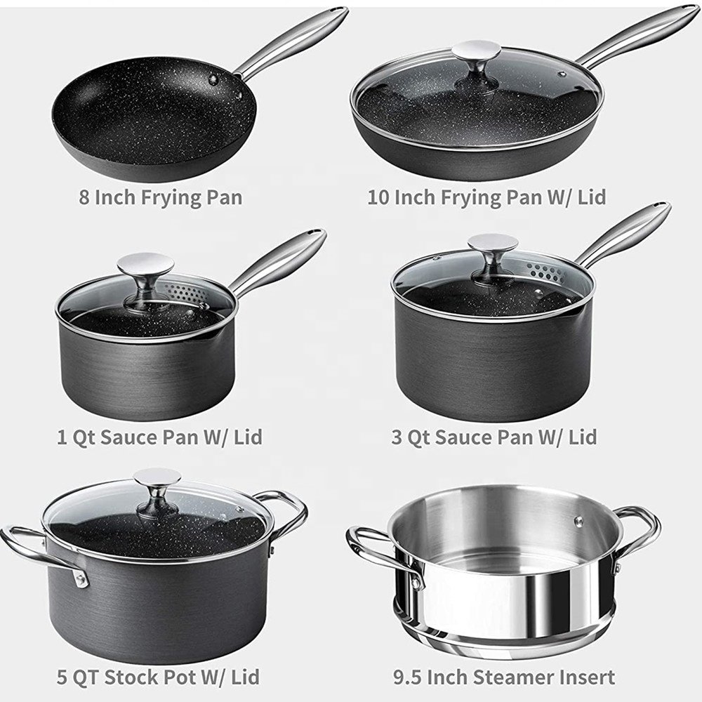 Pots and Pans Set 10 Piece, Nonstick Hard Anodized Cookware Sets with Stone Interior, Stone Cookware Set with Straining Lid