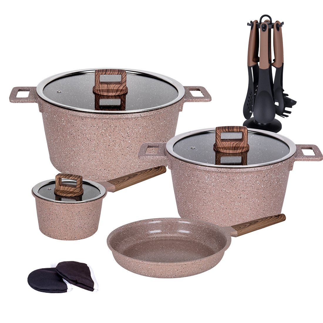 Bevel Series 16 Pieces Kitchenware Set Brown Sprinkle Black and White Dot Flat Glass Cover MGC