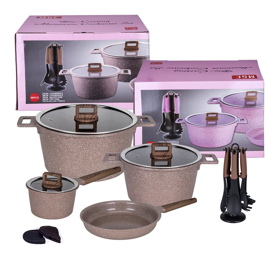 Bevel Series 16 Pieces Kitchenware Set Brown Sprinkle Black and White Dot Flat Glass Cover MGC