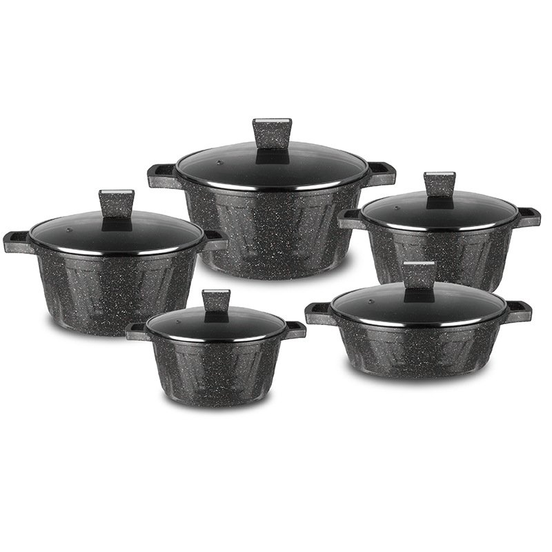 Custom Logo 10-Piece Nonstick Aluminum Granite Cookware Set Sustainable Metal Pans including Soup Stock Pots Milk Bucket Home
