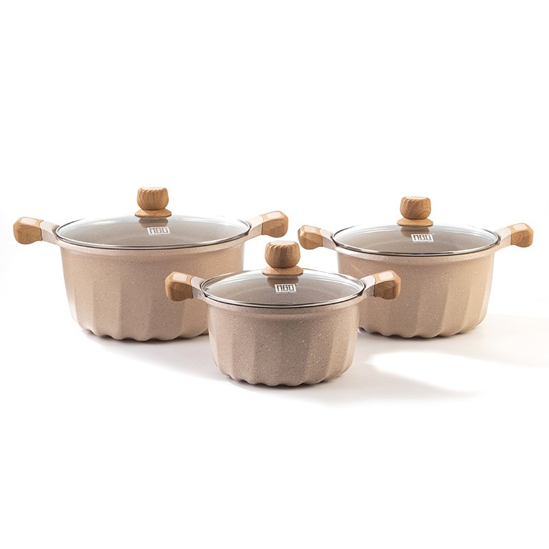 MGC Cookware Set French Style 3-piece Set Double Bottom Inside and Outside Beige with Black and White Dots Metal Travel Europe