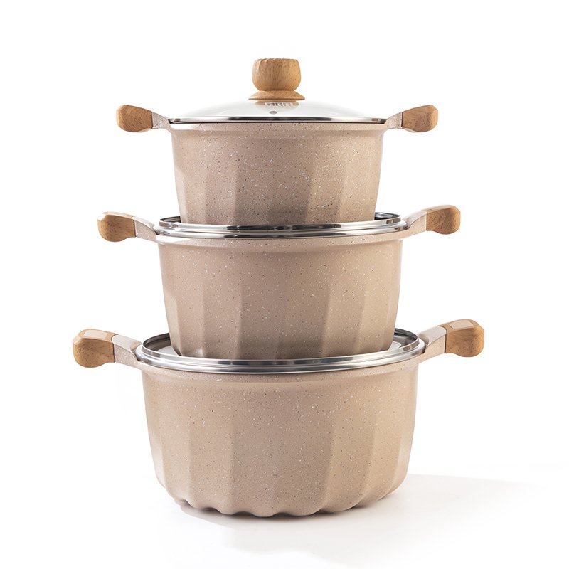 MGC Cookware Set French Style 3-piece Set Double Bottom Inside and Outside Beige with Black and White Dots Metal Travel Europe