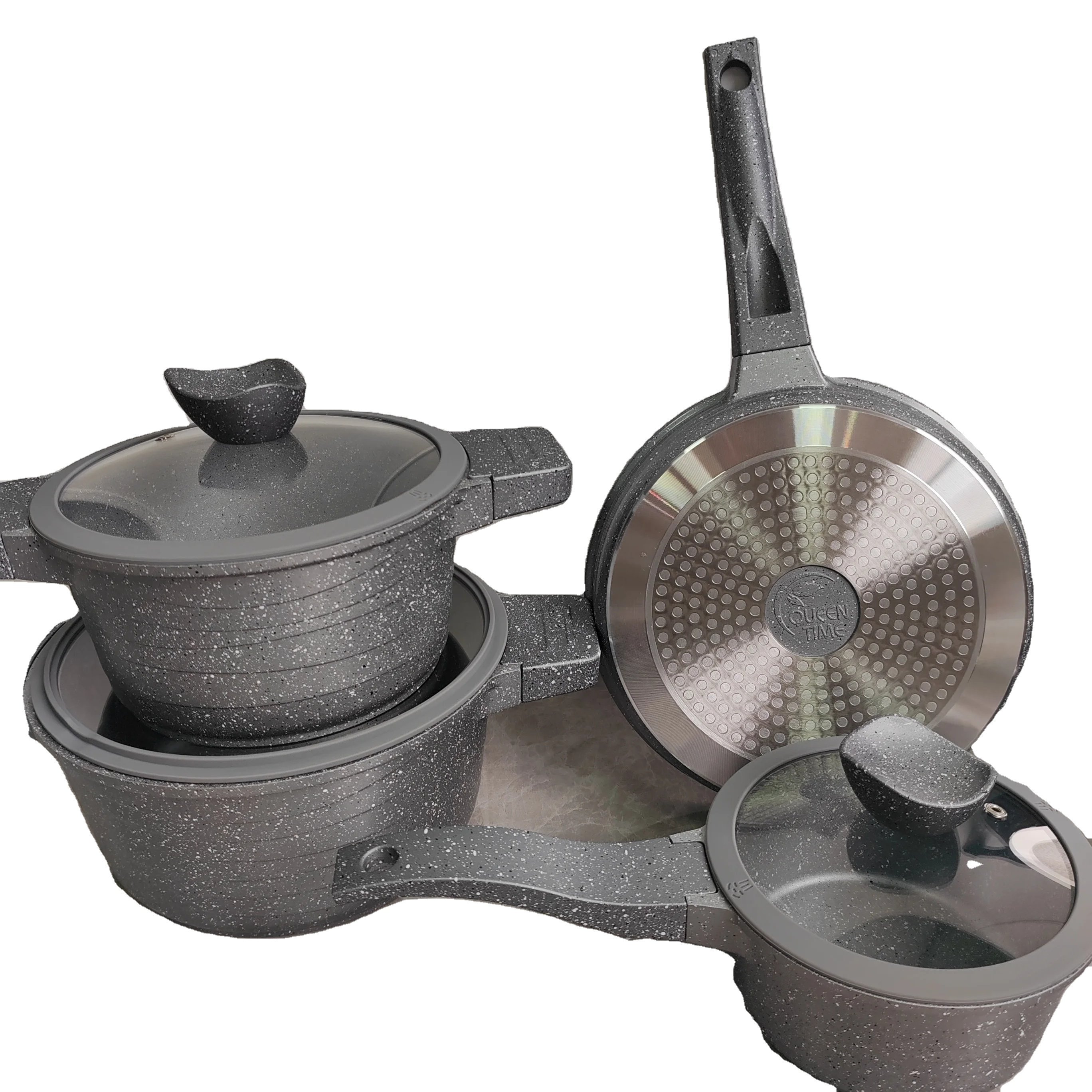 Home Party 7pcs Die Casting Cooking Pot Set Non-Stick Cookware Granite Sillicon Edge Cover Detachable Handle Cookware Set