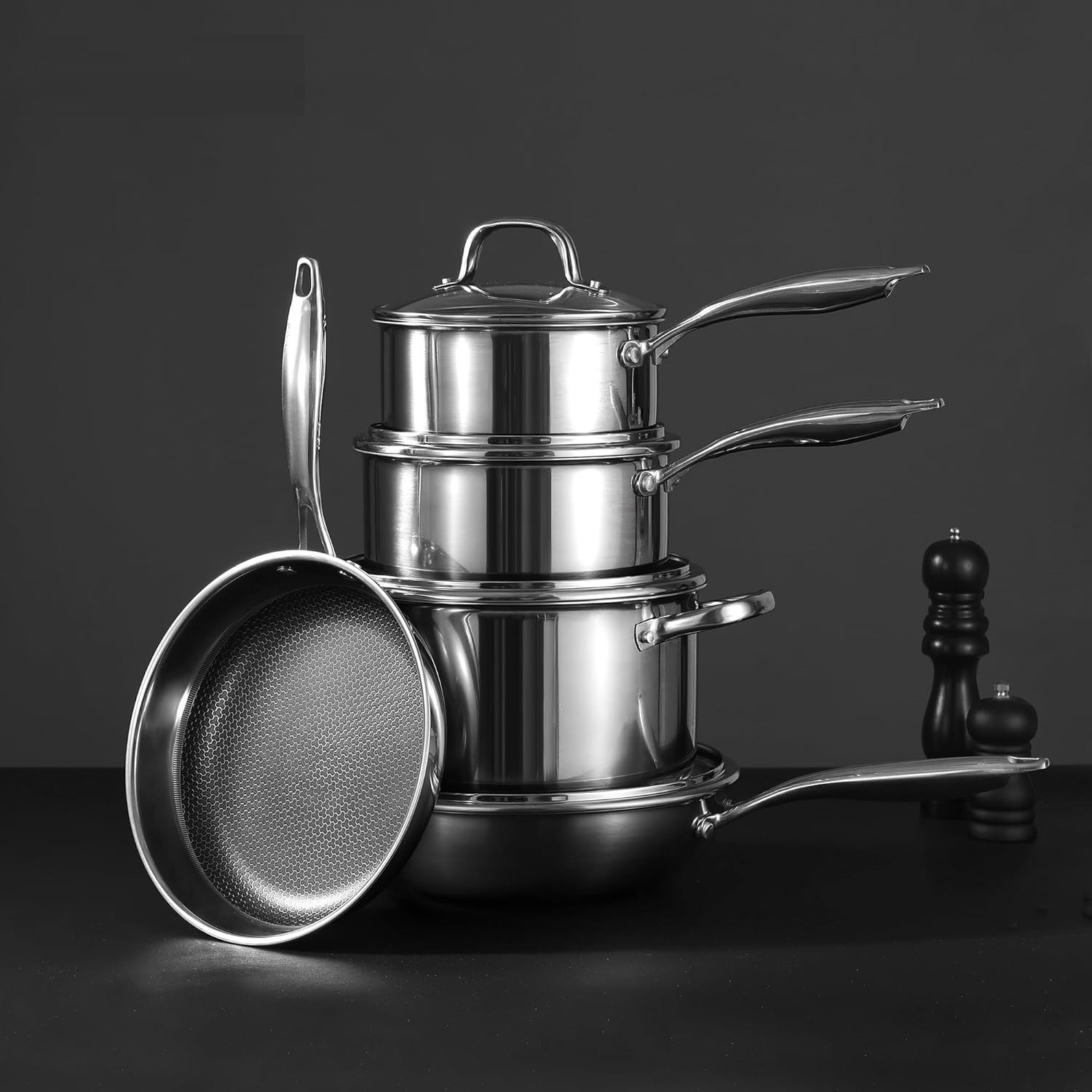 Tri-Ply Stainless Steel Nonstick Pot Set Carote 9Pcs Stainless Steel Cookware Set Fast Heating with Glass Lids