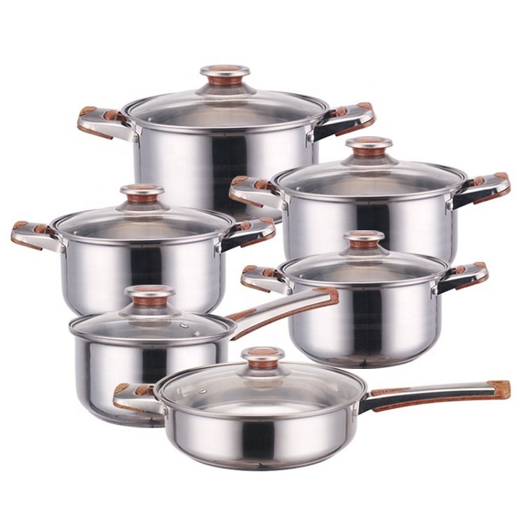 Factory Price Kitchenware 12Pcs Stainless Steel Kitchen Cooking Pans And Pots Stockpot Frying Pan Cookware Set