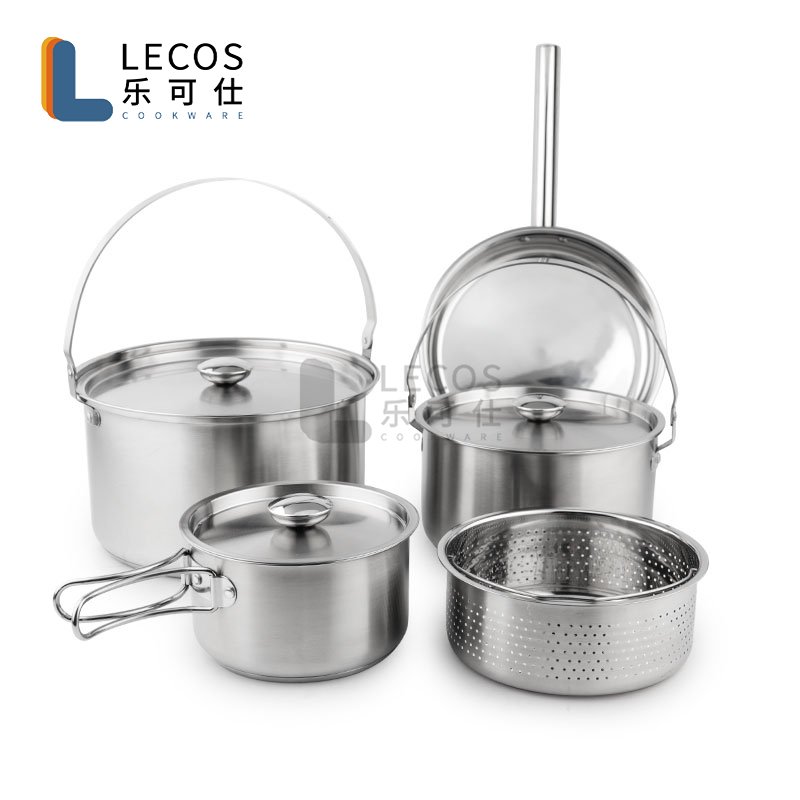 304 Stainless Steel Outdoor Cooking Food Camping Cookware Cooking Pot With Folding Handle