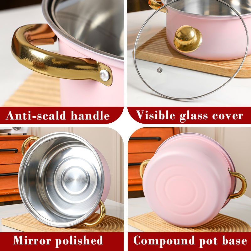 10PCS Fast Shipment Pink Stainless Steel Pots Pan Set Big Size Casserole Cooking Non-Stick Kitchen Utensils Cookware Sets