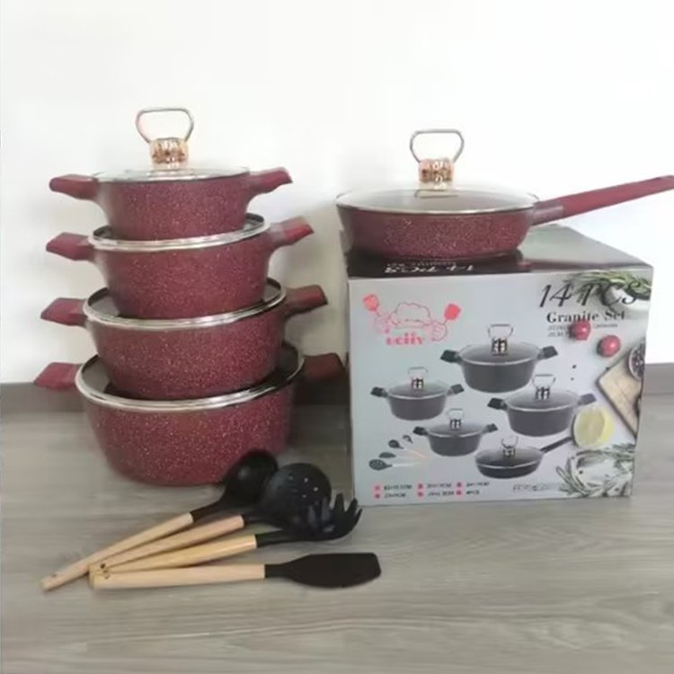 New Arrival Nonstick Cookware 14 PCS Granite Coated Aluminum Non Stick Cooking Pot and Silicone Cooking Tools Set