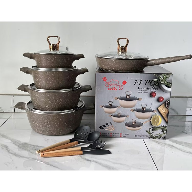 New Arrival Nonstick Cookware 14 PCS Granite Coated Aluminum Non Stick Cooking Pot and Silicone Cooking Tools Set