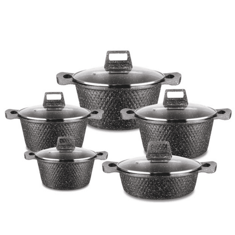 10Pcs Die Cast Diamond Aluminum Non Stick Cookware Set With Glass Lid Marble Painting Die Cast Kitchenware
