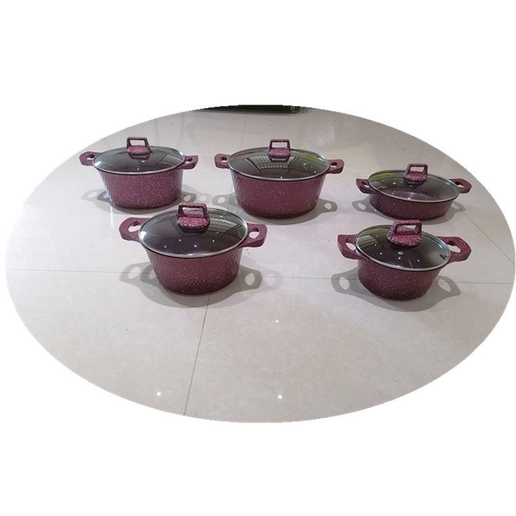 10Pcs Die Cast Diamond Aluminum Non Stick Cookware Set With Glass Lid Marble Painting Die Cast Kitchenware