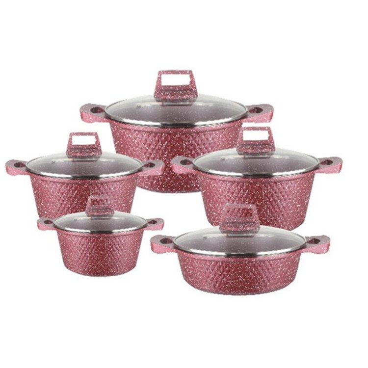 10Pcs Die Cast Diamond Aluminum Non Stick Cookware Set With Glass Lid Marble Painting Die Cast Kitchenware