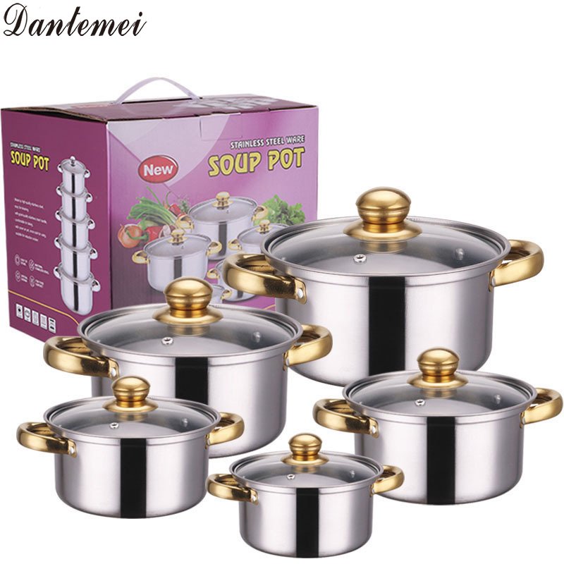 Hot Selling Tri-ply Stainless Steel Pots Set Multicolor Luxury Kitchen Cookware Sets With Glass Lid