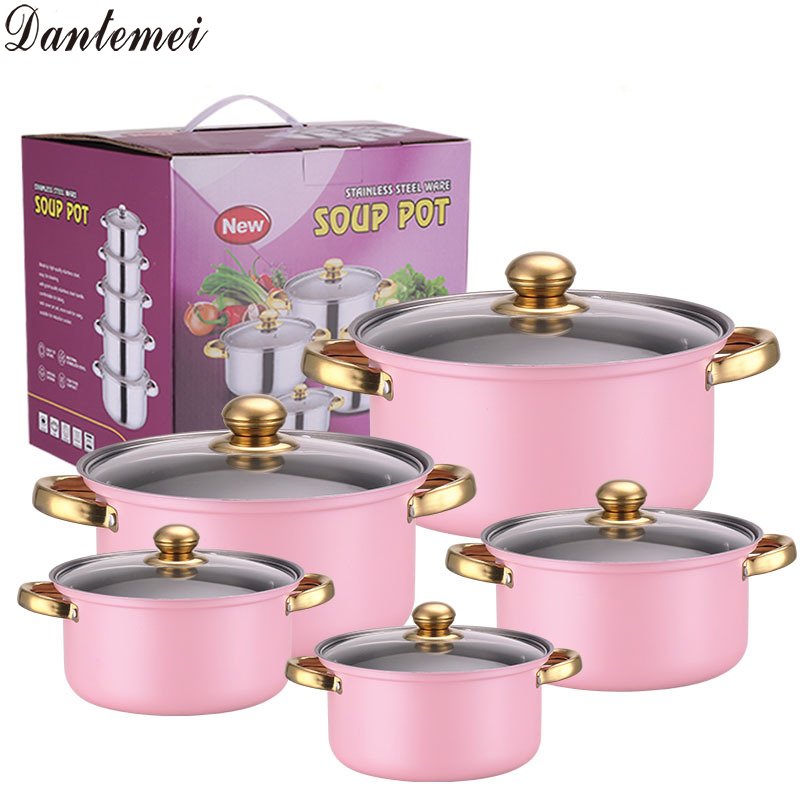 Hot Selling Tri-ply Stainless Steel Pots Set Multicolor Luxury Kitchen Cookware Sets With Glass Lid