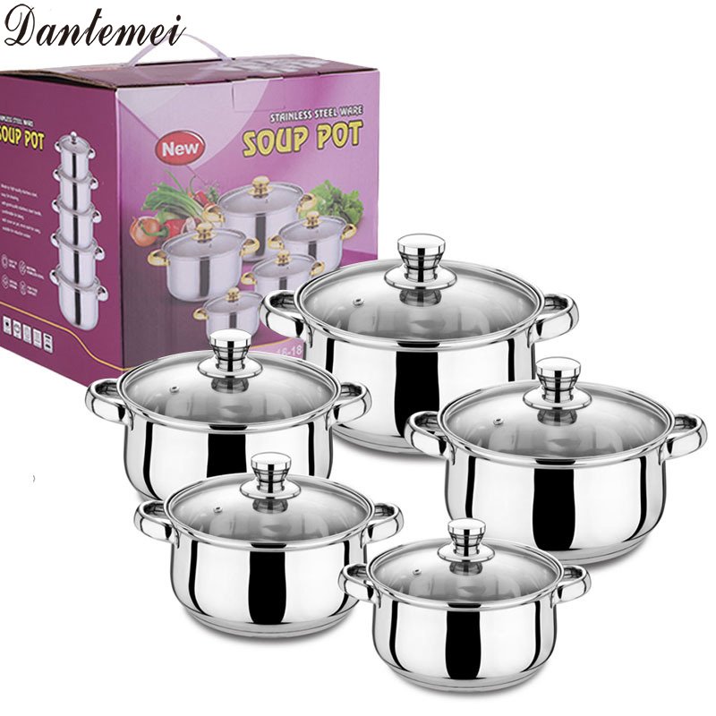 Hot Selling Tri-ply Stainless Steel Pots Set Multicolor Luxury Kitchen Cookware Sets With Glass Lid