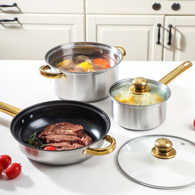 12Pcs Kitchen Pots And Pans Cast Iron Stainless Steel Soup Stock Pots Cooking Pot Set Frying Pan Non Stick Cookware Set