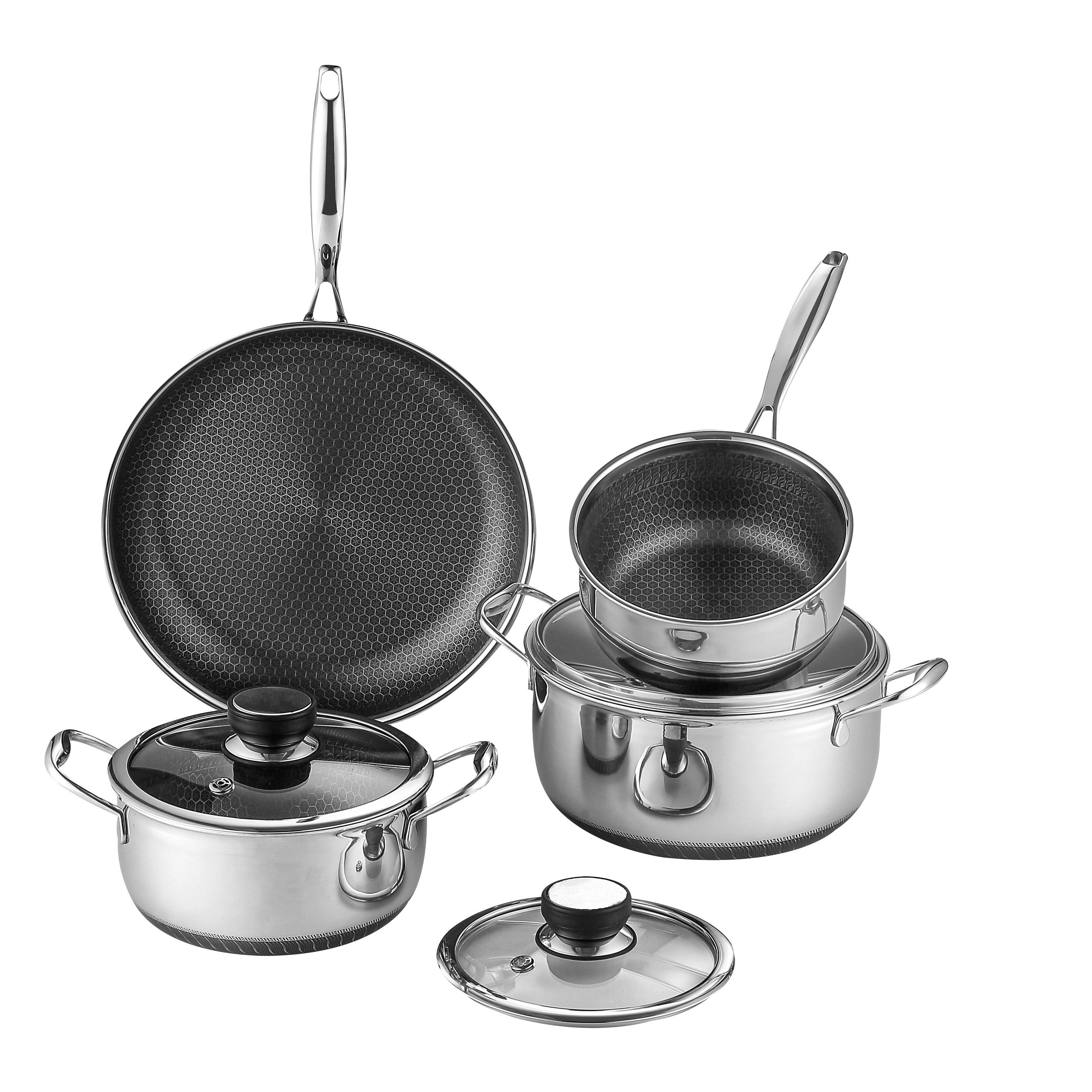 Stainless Steel Pots and Pans Set 7 Pcs Nonstick Kitchen Cookware Sets Honeycomb Coatings Frying Pans