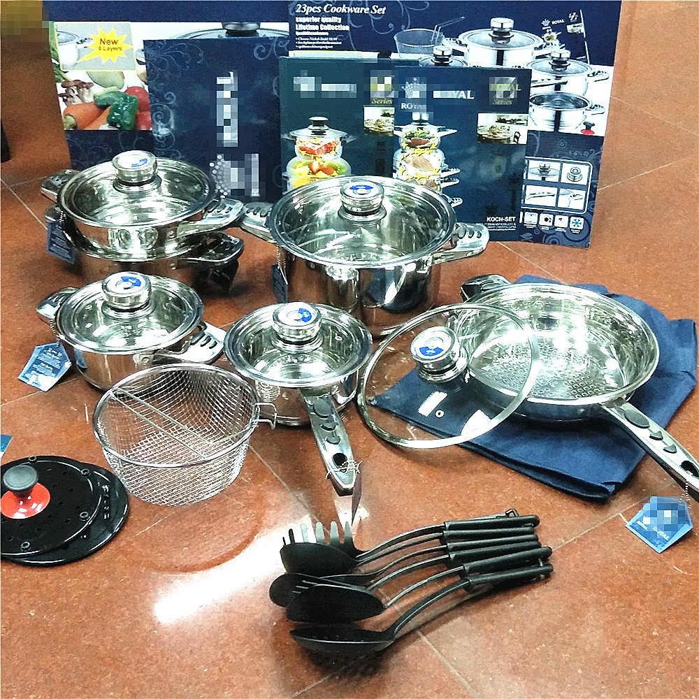 23 pieces stainless steel cookware set with thermometer and lid