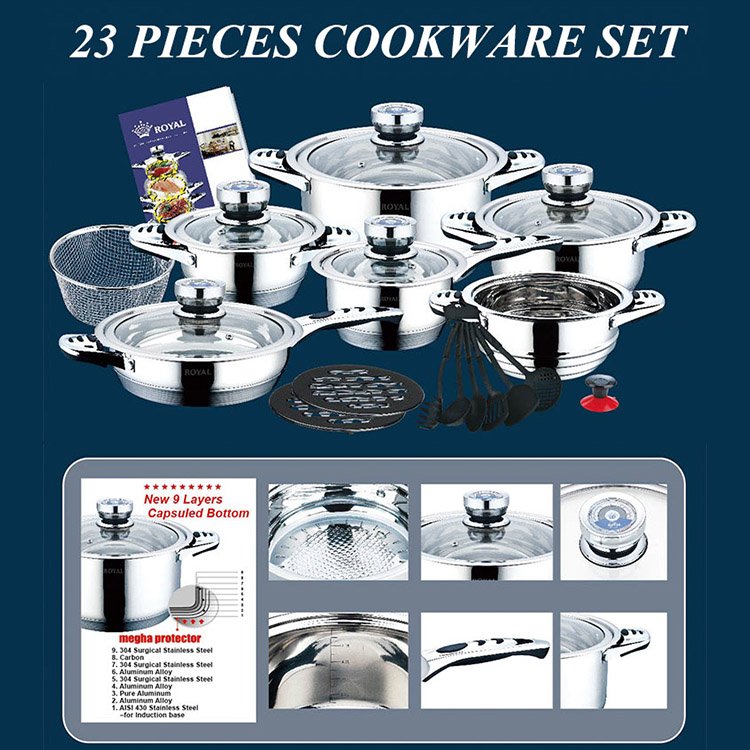 23 pieces stainless steel cookware set with thermometer and lid