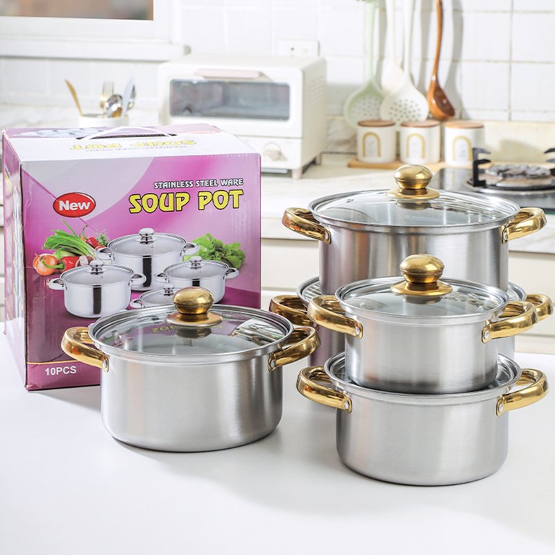 10pcs Pink Stainless Steel Pot le crueset cookware sets Non-Stick Pots Pan Casserole Stock Soup Pot Kitchen accessories