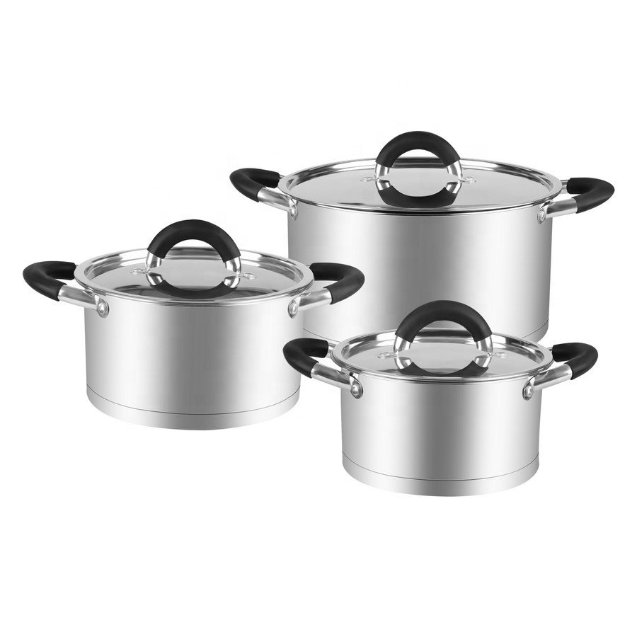 Stainless Steel Wholesale Utensils Wood Grain Handle Induction Bottom Covered Stockpot 4Pcs Fry Pan Capsule Cookware Sets
