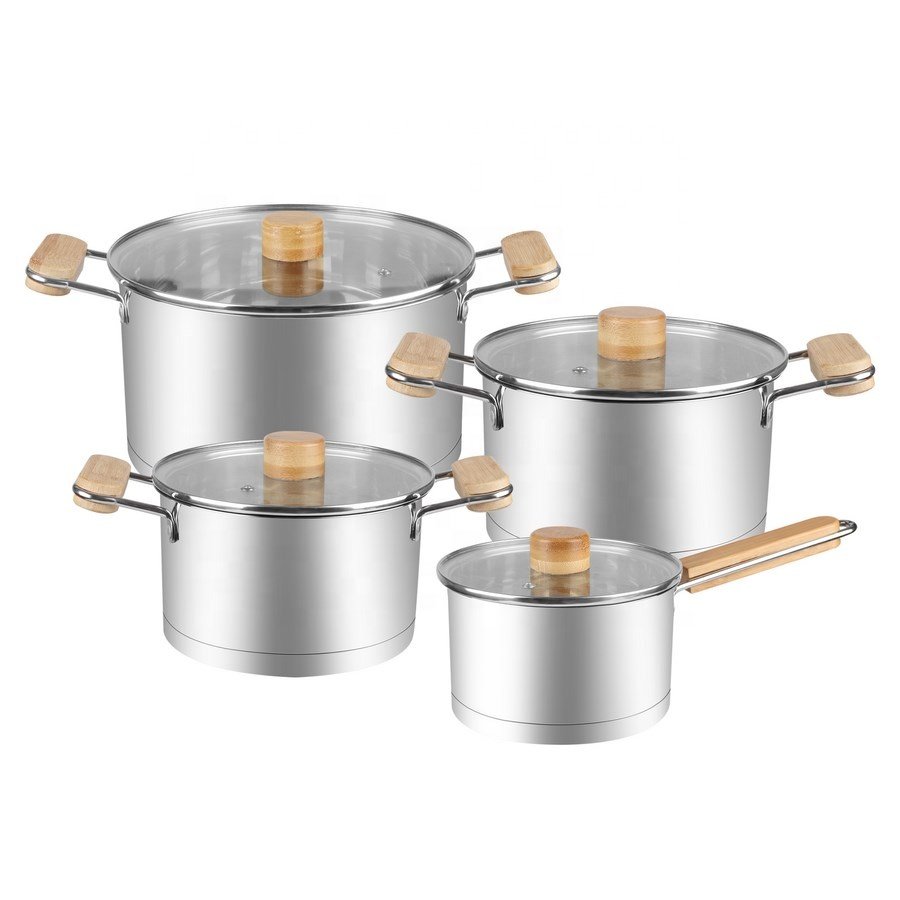 Stainless Steel Wholesale Utensils Wood Grain Handle Induction Bottom Covered Stockpot 4Pcs Fry Pan Capsule Cookware Sets