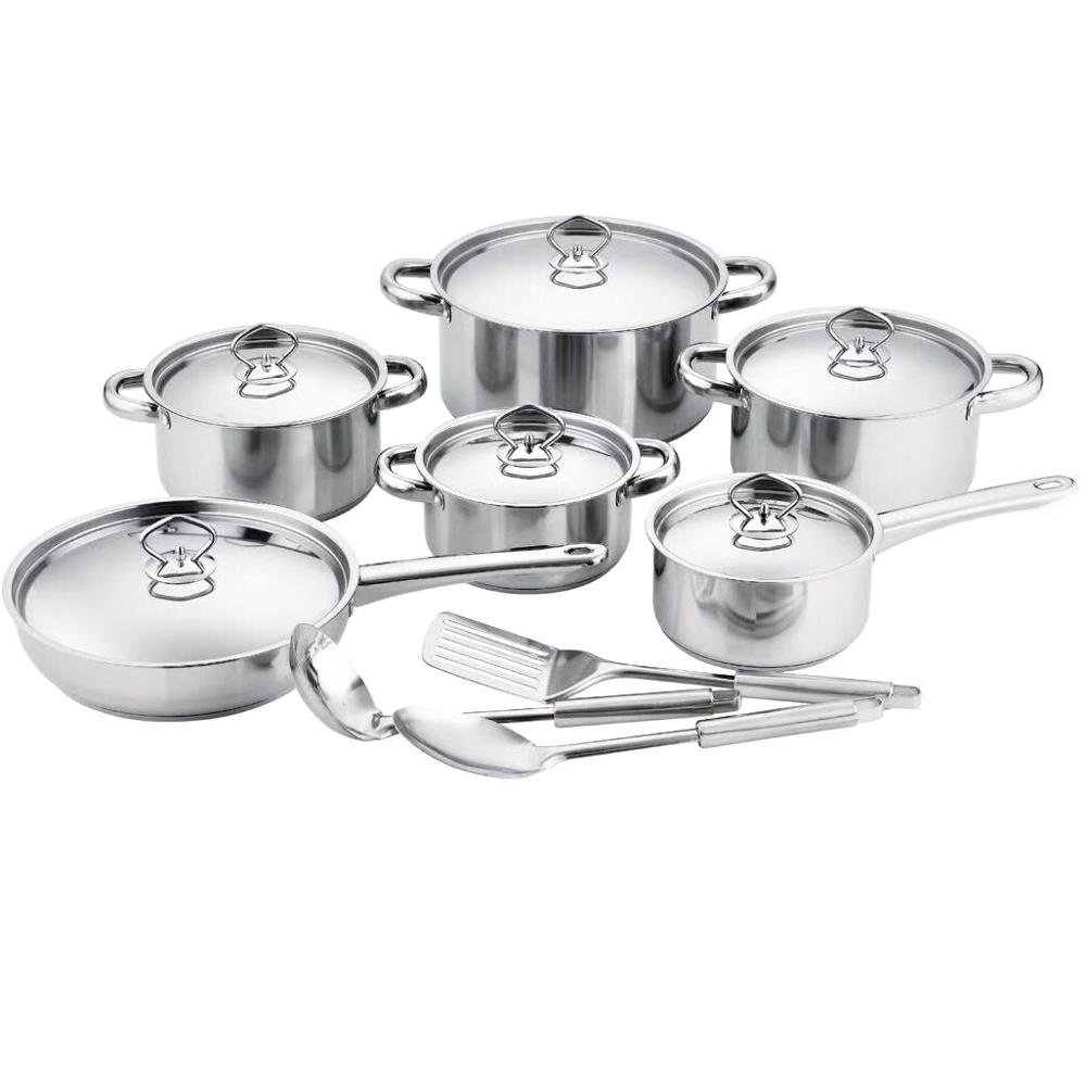 Stainless Steel Wholesale Utensils Wood Grain Handle Induction Bottom Covered Stockpot 4Pcs Fry Pan Capsule Cookware Sets