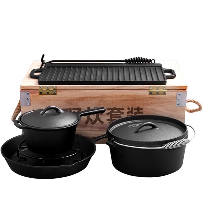 Hot Selling 7 Pieces Cast Iron Preseasoned Camping Pot Cookware Set With Wood Box Cast Iron Camping Cookware Set Outdoor