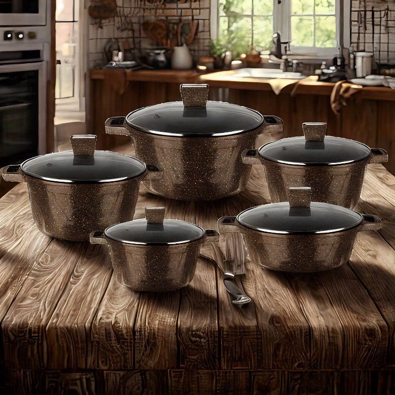 Custom Logo 10-Piece Nonstick Aluminum Granite Cookware Set Sustainable Pans for Home Use Includes Milk Bucket Kitchen Pots