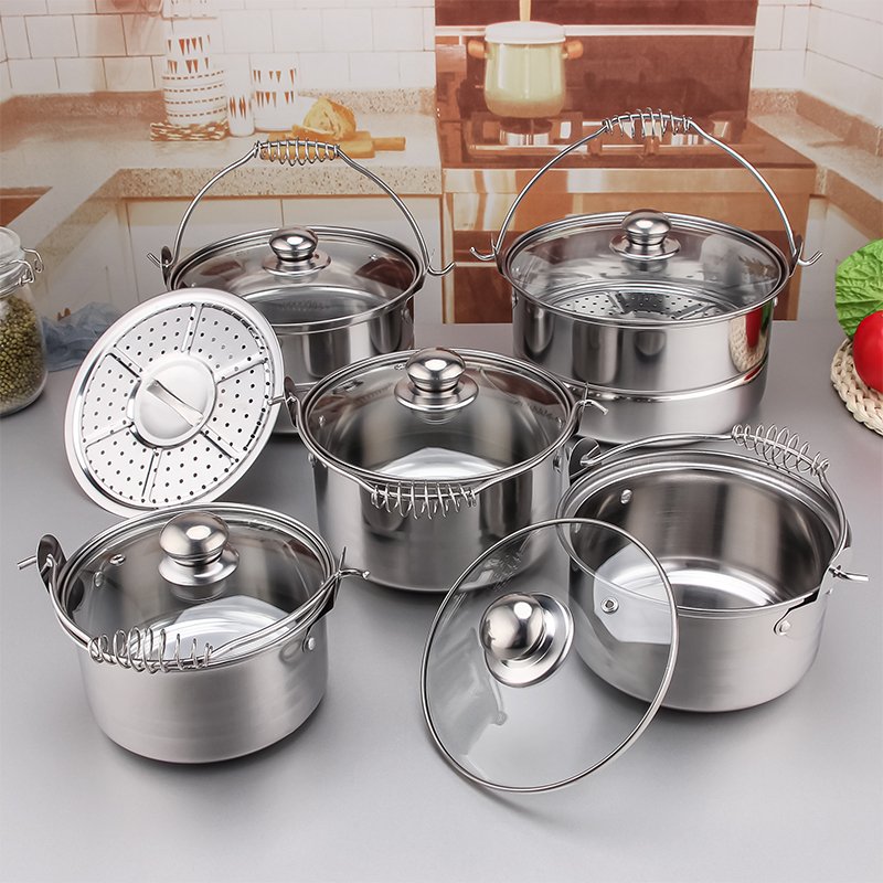 10PCS ollas de cocina Portable Camping Cookware Kitchen Set Stainless Steel Steamer Pot Sets