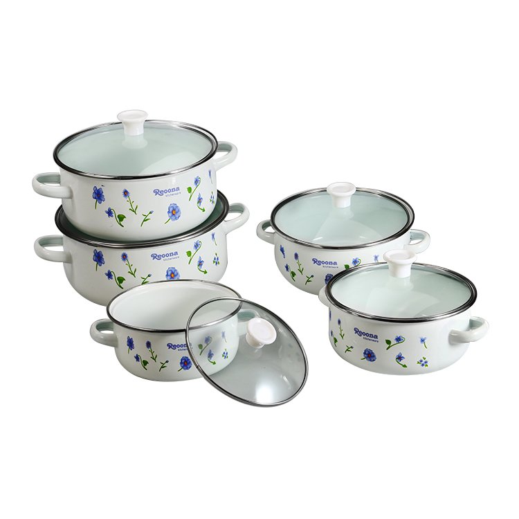 Hot Selling 673-DG blue flower enamel cookware set cast iron cookware soup pots enamel casserole set with glass cover