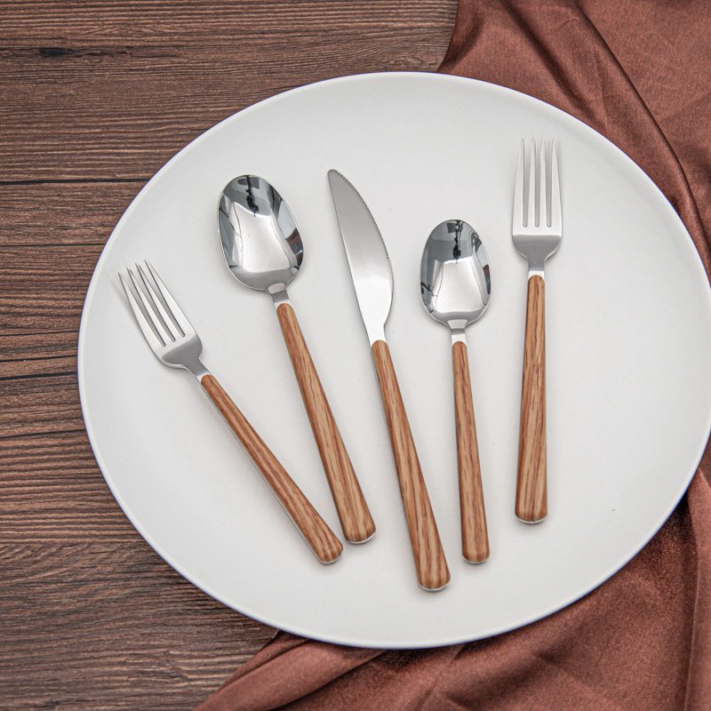 Wooden Color Plastic Handle Fork Spoon Knife Dinner Stainless Steel Flatware Set For Restaurant Hotel Party