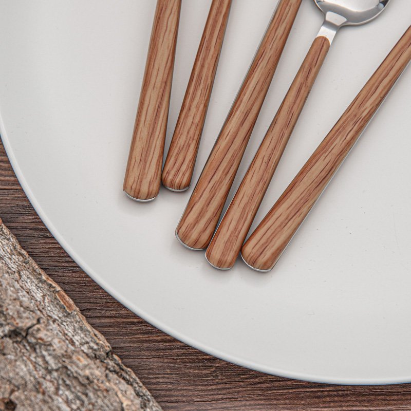 Wooden Color Plastic Handle Fork Spoon Knife Dinner Stainless Steel Flatware Set For Restaurant Hotel Party